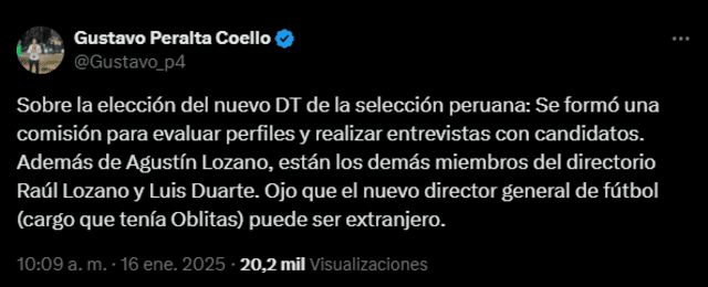  Agustín Lozano y otros 2 miembros del directorio de la FPF elegirán al futuro DT de Perú. Foto: captura de X/Gustavo Peralta   