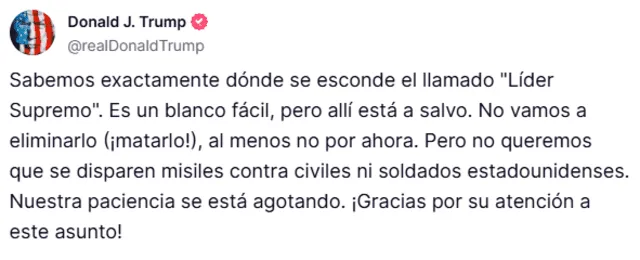 Donald Trump aseguró que Alí Jamenei está salvo, por ahora. Donald Trump aseguró que Alí Jamenei está salvo, por ahora.
