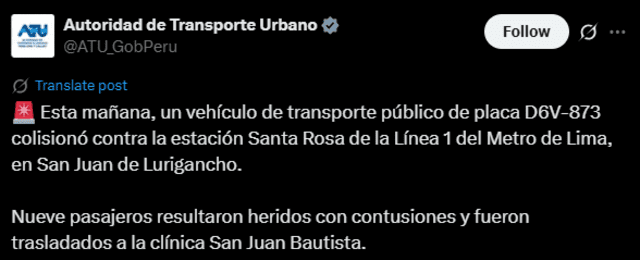 9 pasajeros fueron trasladados a la clínica, de acuerdo con ATU. Foto: X   