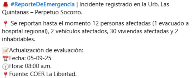 Reporte de COERN La Libertad. Foto: FB   