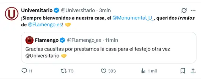 Respuesta de Universitario de Deportes a Flamengo tras la final de la Libertadores. Foto: Twitter/Universitaro   