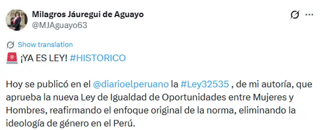 Anteriormente, la congresista Jáuregui manifestó que la ley constituye una ''victoria para los cristianos y para todos aquellos que defendemos la vida y la familia''. Foto: captura X.   