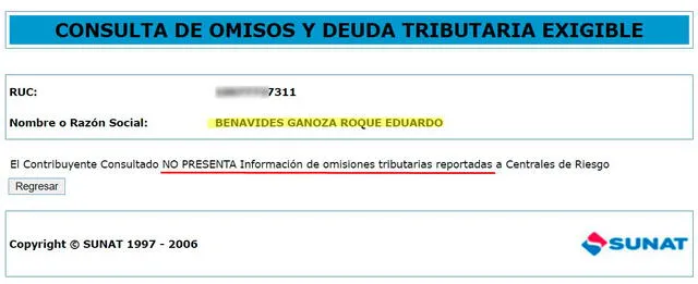 Resultado de la consulta realizada en la plataforma web de la Sunat sobre las deudas de Roque Benavides. FOTO: Captura de pantalla.