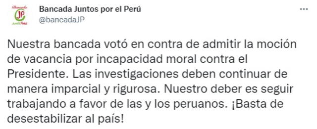 Tuit de la bancada de Juntos por el Perú. Foto captura