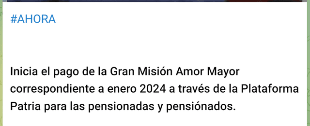 El monto del Bono Amor Mayor es de 130 bolívares. Foto: Canal Patria Digital/Telegram