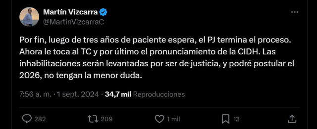 Martín Vizcarra se pronunció en su cuenta de X    