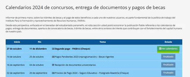  Calendario del PASE-U 2024 en la web del IFARHU. Foto: captura web IFARHU   