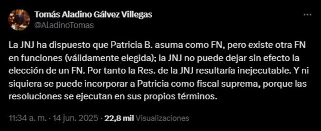 A través de X, Gálvez se pronunció sobre la decisión de restituir a Patricia Benavides a su cargo de fiscal de la Nación. Foto: captura de pantalla. A través de X, Gálvez se pronunció sobre la decisión de restituir a Patricia Benavides a su cargo de fiscal de la Nación. Foto: captura de pantalla.