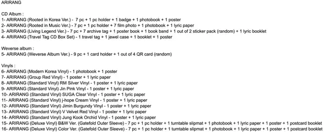  Todos los items de 'ARIRANG', el nuevo álbum de BTS. Foto: PolarisNightts   