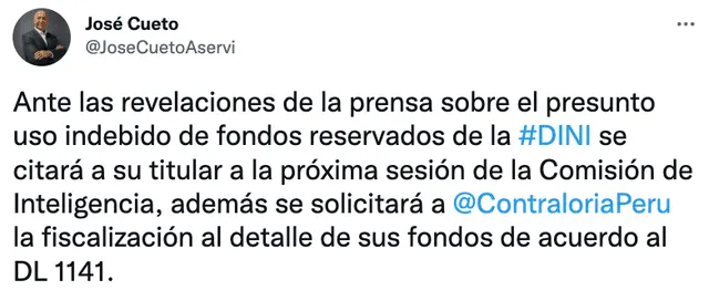 Pronunciamiento de José Cueto sobre denuncia periodística. Foto: captura de Twitter