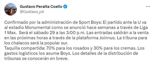  Sport Boys jugará de local en el Monumental. Foto: captura Twitter Gustavo Peralta   