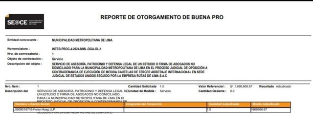  El estudio de abogados estadounidense Foley Hoag LLP firmó la buena pro el 19 de enero de 2024, bajo la gestión de Rafael López Aliaga. Foto: Seace   