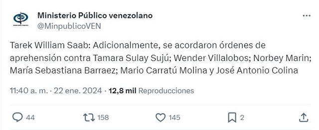  Ministerio Público de Venezuela solicita la orden de aprehensión de Tamara Sujú, Sebastiana Barráez, Norbey Marín, Wnder Villalobos, Mario Carratú y José Antonio Colina. Foto: @MinpublicoVEN/X   