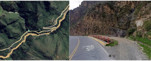 <em>Catarata Sanchicón en muestra topográfica (izquierda) y tiempo real (derecha). Foto: captura de Google Street View</em>   
