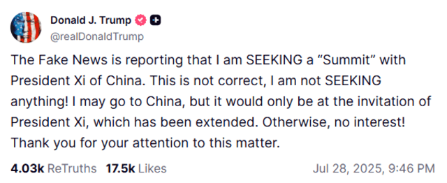 El presidente afirmó que los reportes sobre una posible reunión son ''noticias falsas''. Foto: Truth Social.   