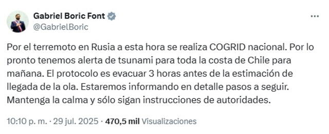  Presidente de Chile, Gabriel Boric, comenta las acciones del Gobierno frente a la alerta de tsunami. Foto: captura de pantalla    