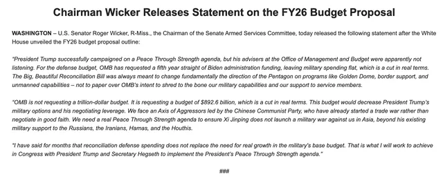 Senator Roger Wicker blasts Trump’s 2026 defense budget request, warning it would “cripple our military capabilities and support for the troops”. Photo: X Senator Roger Wicker blasts Trump’s 2026 defense budget request, warning it would “cripple our military capabilities and support for the troops”. Photo: X