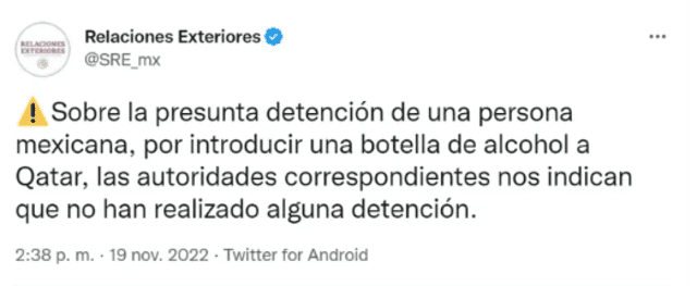 Relaciones Exteriores de México de manifestó sobre el caso Agustín Jaramillo. Fuente: SRE_mx