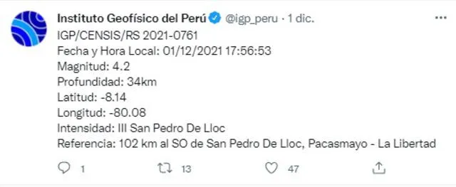 Temblor en La Libertad. Foto: captura/IGP