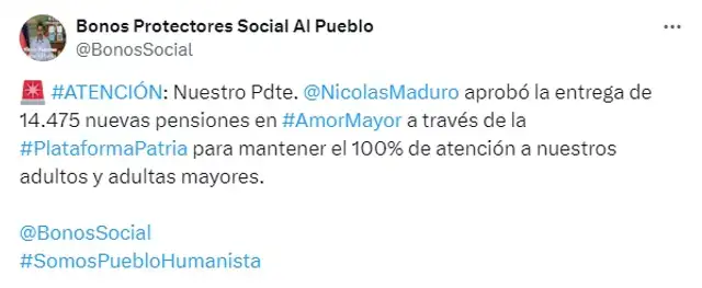 El régimen bolivariano integró a nuevos pensionados al programa de Amor Mayor. Foto: Bonos Protectores Social al Pueblo   