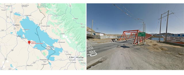 <em> Ubicación satelital del puente Ilave y una escena que coincide con el video viral. Foto: captura de Google Maps / Google Street View</em>   