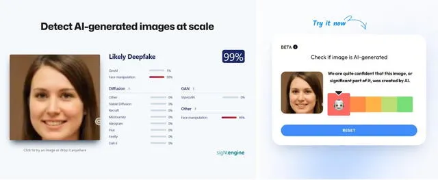 <em> Resultado de las evaluaciones en SightEngine (izquierda) y WasItAi (derecha). Foto: captura de Google</em>   