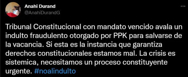 Anahí Durand cuestionó decisión del TC de liberar a Alberto Fujimori. Foto: captura de Twitter