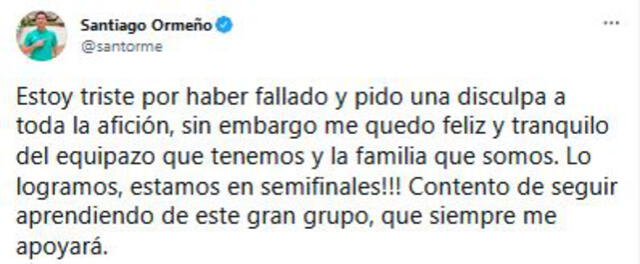 Post de Ormeño pidiendo disculpas a los hinchas peruanos