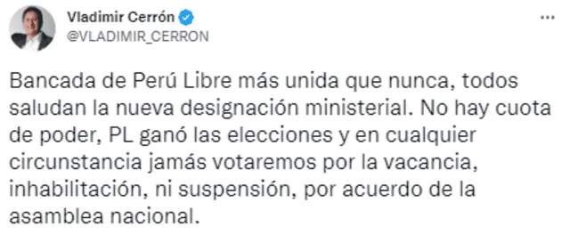 Pronunciamiento de Vladimir Cerrón sobre la bancada de Perú Libre. Foto: captura de Twitter
