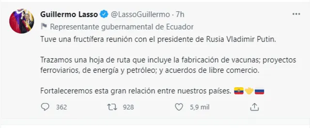 El mandatario ecuatoriano indicó que fortalecerán la gran relación con el Gobierno Ruso. Foto: captura de Twitter/@LassoGuillermo