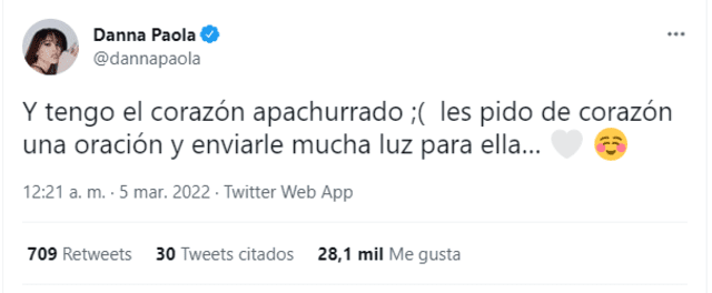 La intérprete pidió oraciones para la pronta recuperación de su nona. Foto: Twitter