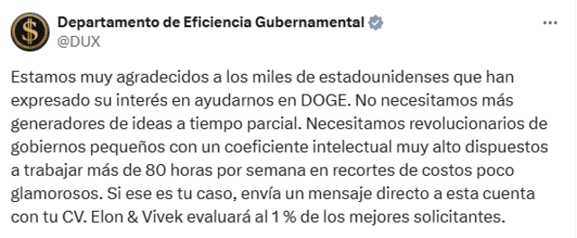 El Departamento estará dirigido por Elon Musk y el empresario Vivek Ramaswamy. Foto: @DUX/X.   