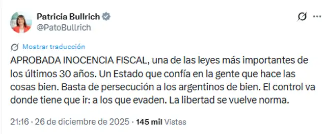  Pronunciamiento de Bullrich a la aprobación del Presupuesto 2026. Foto: @PatoBullrich/X<br>    