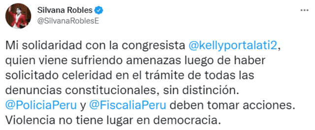 Silvana Robles sobre amenaza contra Kelly Portalatino. Foto: captura de Twitter