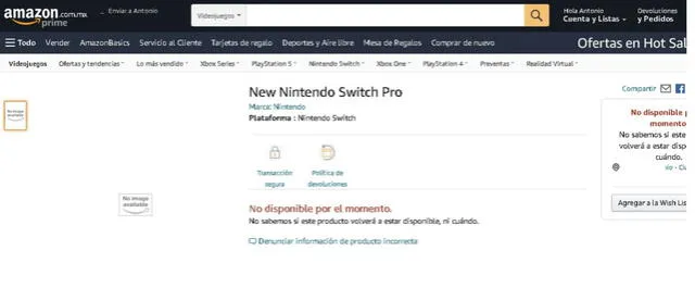 Filtración de la Switch Pro. Foto: Amazon México