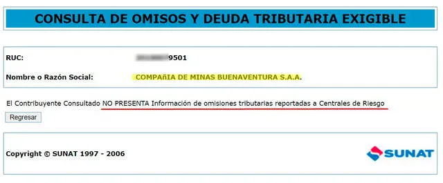 Resultado de la consulta realizada en la plataforma web de la Sunat sobre las deudas de Buenaventura. FOTO: Captura de pantalla.