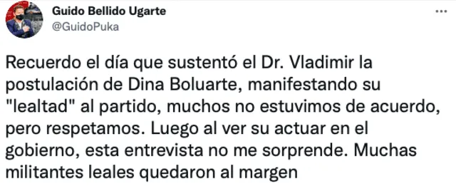 Guido Bellido responde a comentarios de Dina Boluarte. Foto: Twitter de Guido Bellido