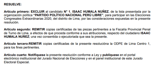 JEE excluye a Isaac Humala para las elecciones 2020