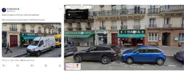 <em> Comparativa entre la dirección brindada en X y su ubicación vía satelital. Foto: captura de X / Google Maps</em>   