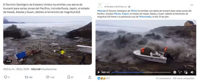<em>Desinformación sobre el reciente sismo en el este de Rusia. Foto: captura de X / Facebook</em>   