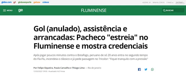 Globoesporte elogió el desempeño de Pacheco.
