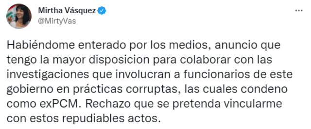 Mirtha Vásquez se pronuncia sobre su citación por parte de la Fiscalía. Foto: captura de Twitter