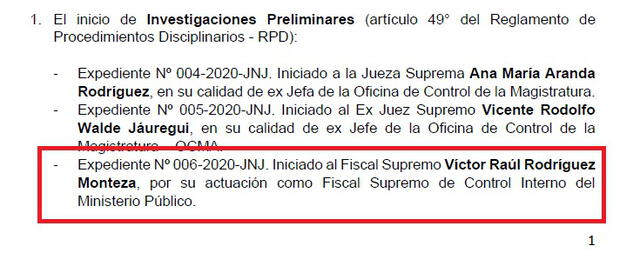 Decisión de la Junta Nacional de Justicia para investigar a Víctor Rodríguez Monteza.