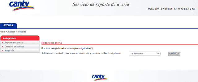 Sistema de Cantv para reportar averías del servicio telefónico en Venezuela. Foto: captura web