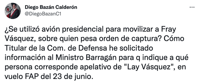 Bazán cuestiona identidad de 'Lay Vásquez Castillo'. Foto: captura de Twitter