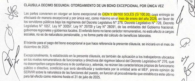 Trabajadores estatales recibirán un bono de S/100 en 2026 tras firma de convenio colectivo. Fuente: La República.    