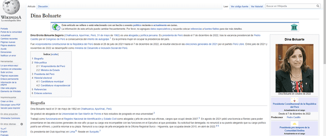 Dina Boluarte aparece en Wikipedia como nueva presidenta del Perú. Foto: composición LR/Wikipedia