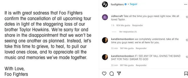 Foo Fighters anuncia la cancelación de su gira mundial tras la muerte de Taylor Hawkins. Foto: Foo Fighters /Instagram