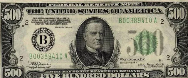 El último billete de 500 dólares con la imagen del presidente McKinley