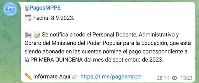 La primera quincena del Ministerio de Educación se pagó el 8 de septiembre. Foto: Pagos MPPE/Telegram